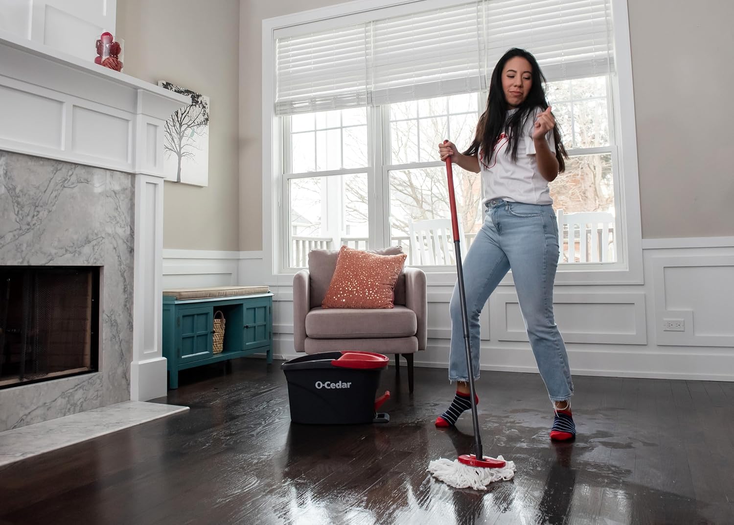 O-Cedar EasyWring Microfiber Spin Mop & Bucket Cleaning System - Includes 2 Extra Refills, Red/Gray