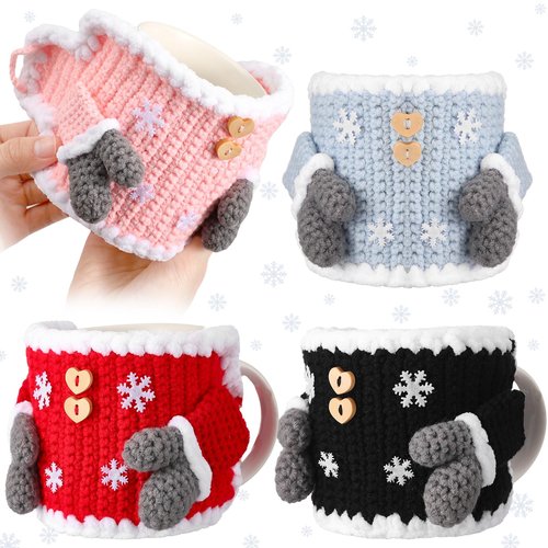 Perthlin 4 Pcs Sweater Mug Christmas Cozy Gift Winter Coffee Mug Knitted Cup Sweater Sleeve Cover Reusable Crochet Tea Warmer Wrap with Buttons Christmas Decoration for Coffee Drinkers