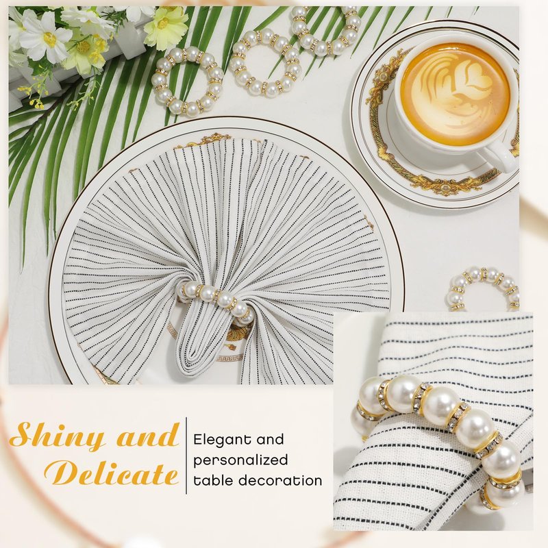 Tanlade 150 Pcs Wedding Pearl Napkin Rings Imitation Pearl Beaded Napkin Rings Holder Silver White and Gold Elastic Dinner Table Decor Rhinestone Serviette Rings for Table Party Decorations