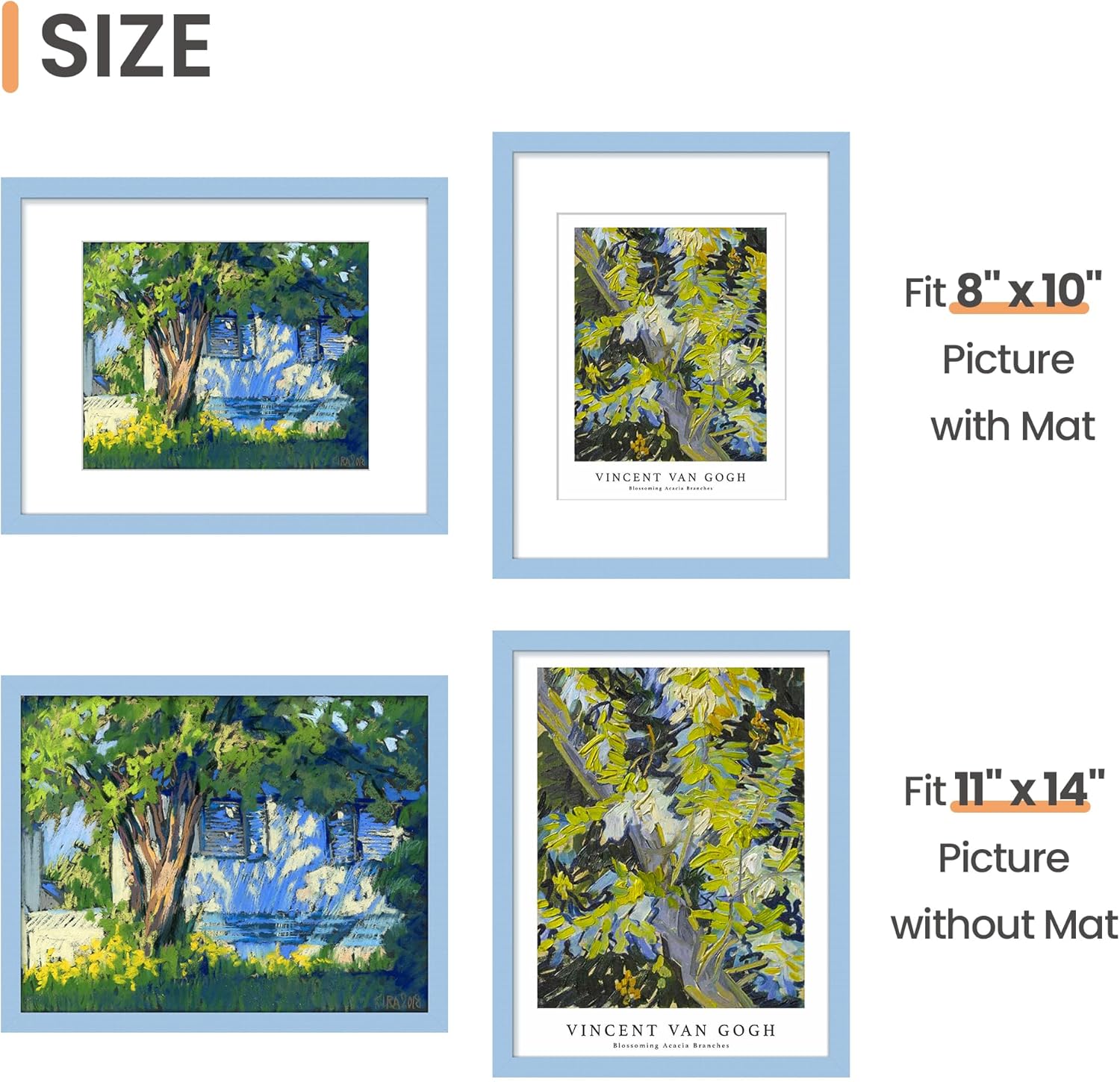 Upsimples 11x14 Picture Frame Set of 5 - Display 8x10 Photos with Mat or 11x14 Without - Blue