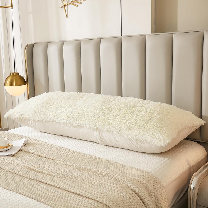 JAUXIO Faux Fur Fluffy Body Pillow Cover Luxury Shaggy Plush Decorative Solid Body Pillowcase, Ultra Soft and Cozy Zipper Closure 21 x 54 Inches, Cream