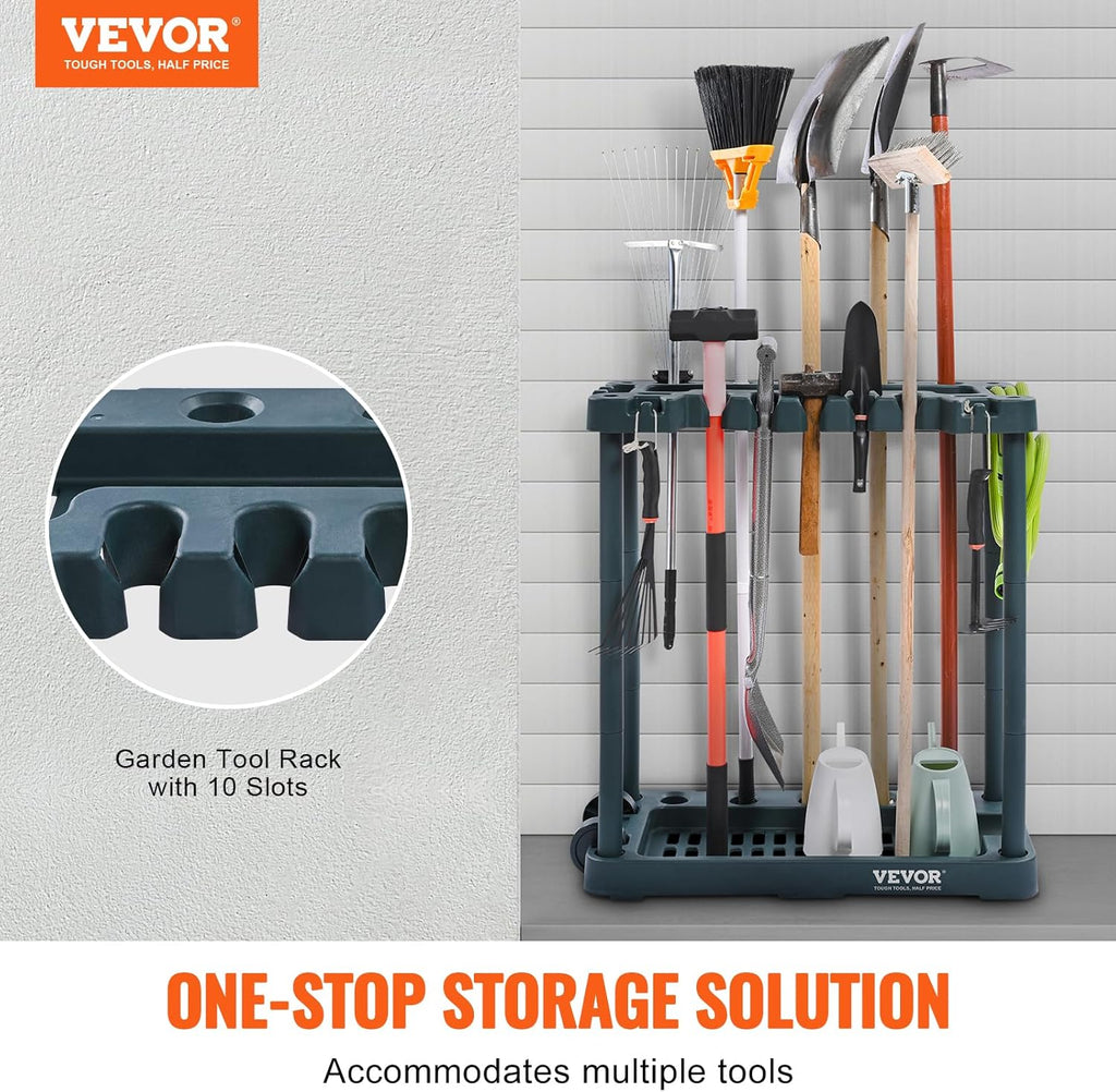 VEVOR Garden Tool Organizer - 10 Slot Yard Tool Rack for Garage Storage | Holds Long-Handled Tools