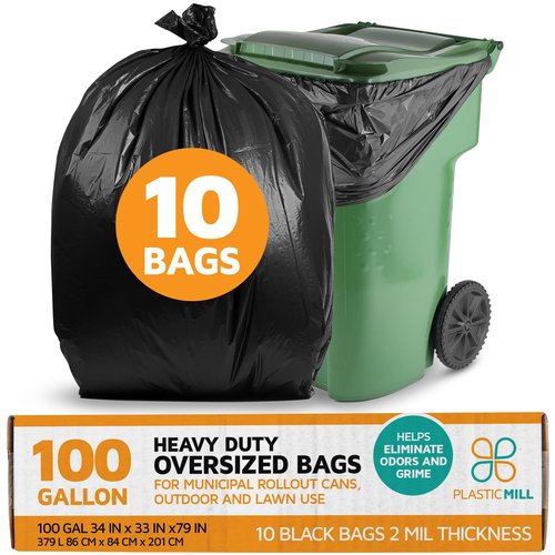 PlasticMill Heavy Duty Trash Bags - Black Garbage Bags - Plastic Trash Bags for Large Rolling Trash Bins - Tall Trash Bags - 100-Gallon Large Kitchen Trash Bags, 2 Mil, 67"x79" (10-Count)