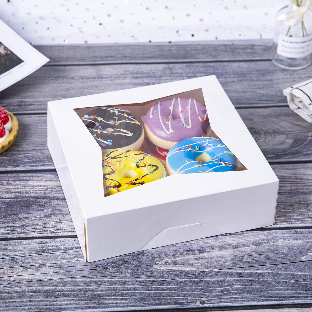 ONE MORE [15pcs] 8" White Bakery Pie Boxes, White Cardboard Cookie Box with Window Auto-Popup Natural Disposable Pastries Boxes 8x8x2.5inch,Pack of 15