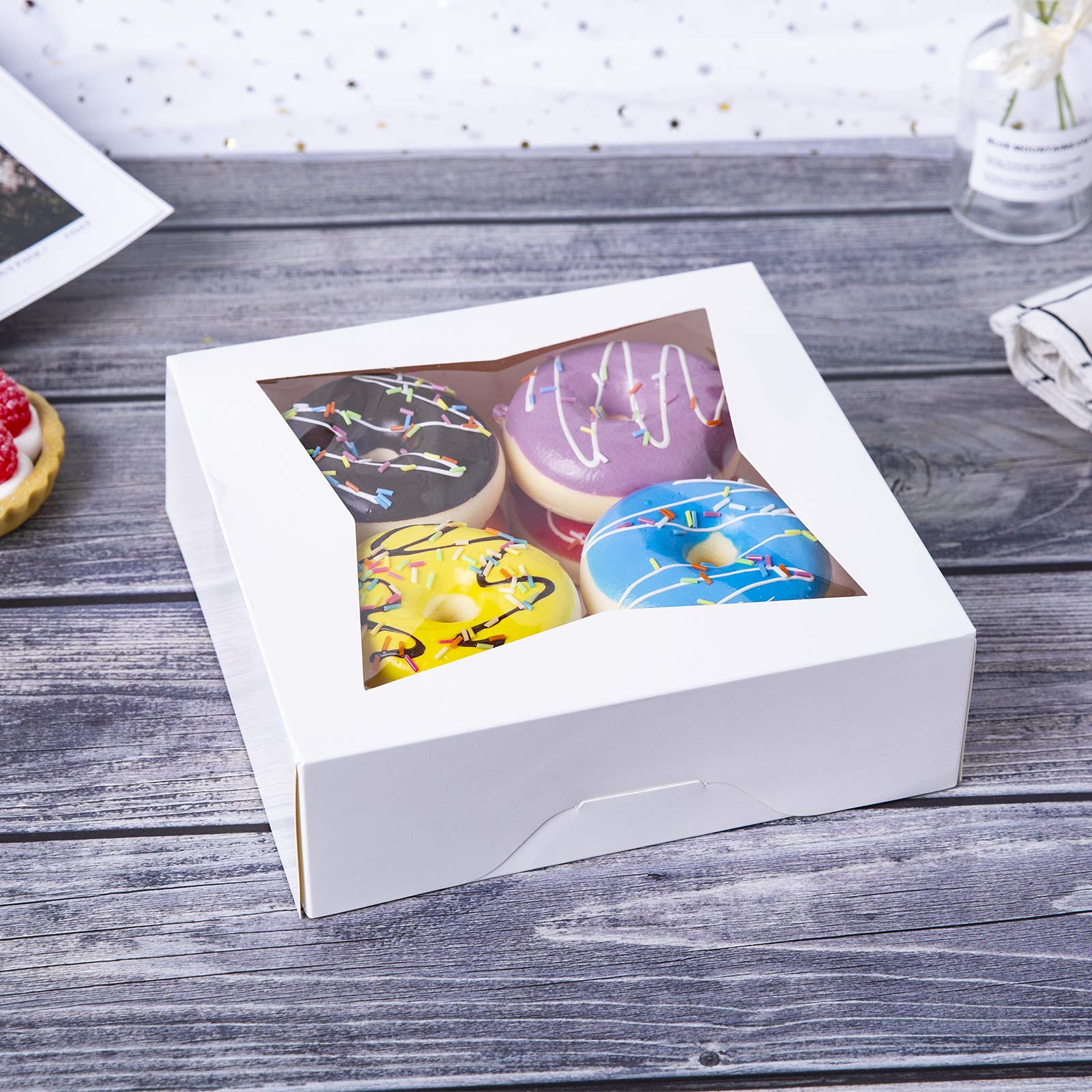 ONE MORE [15pcs] 8" White Bakery Pie Boxes, White Cardboard Cookie Box with Window Auto-Popup Natural Disposable Pastries Boxes 8x8x2.5inch,Pack of 15