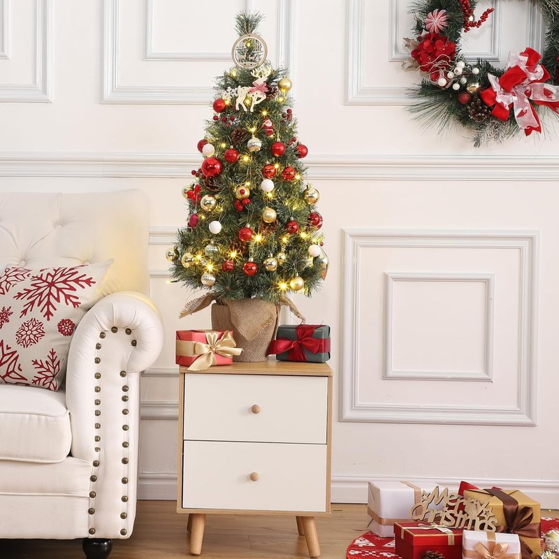 GarveeHome Pre-Lit 3 ft Artificial Mini Xmas Tree, Nordic Spruce Christmas Tree with Led Lights & Burlap Bag Base, Suitable for Tabletop, Office & Home Decoration