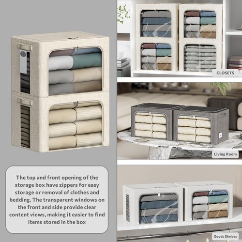 Chizjox 4 Pack Clothes Storage Bins with Metal Frame - 66L Stackable Storage Box with Lid，Foldable Storage Container Organizer for Clothes，Linen Fabric Storage Box with Clear Window＆Zippers＆Handles