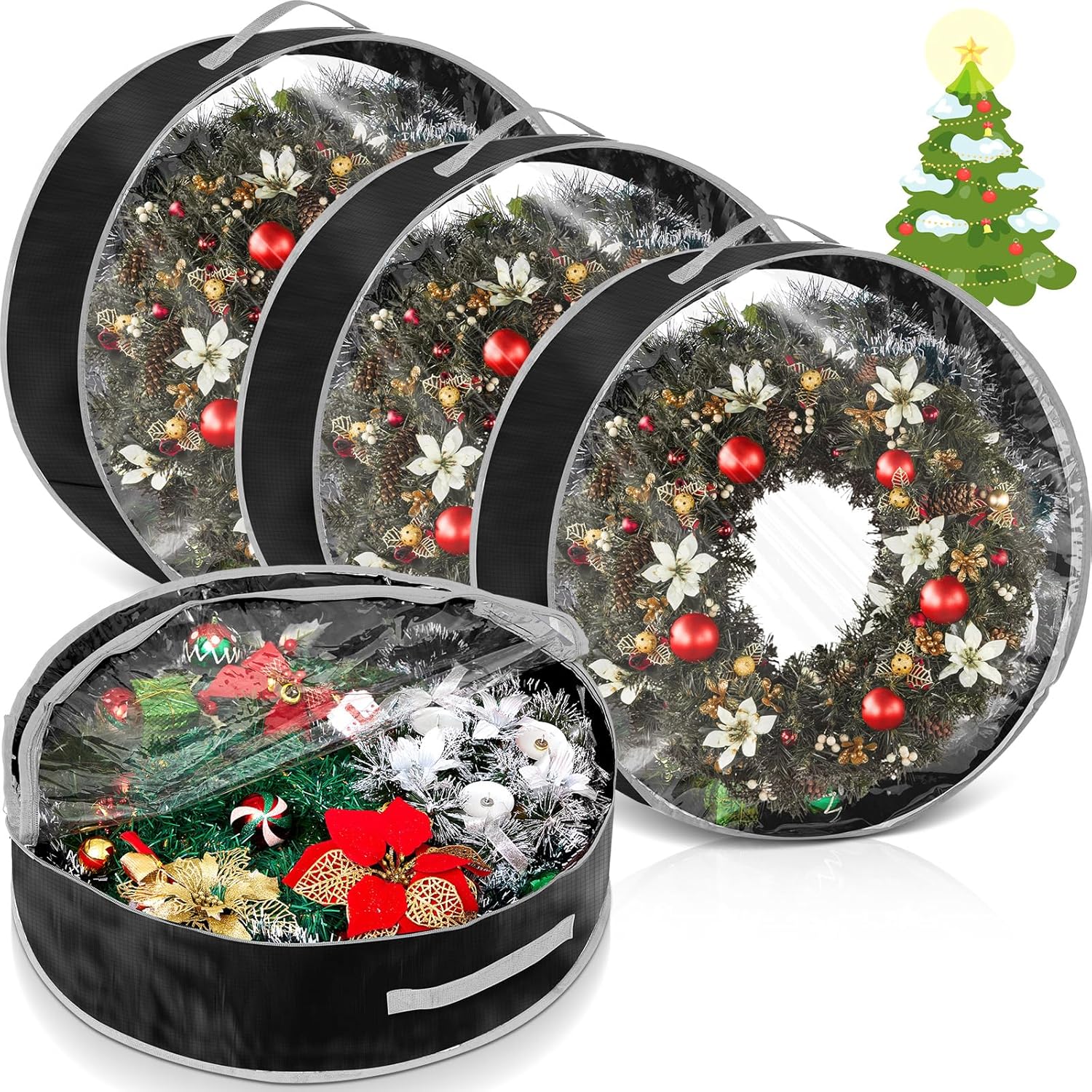 Regine Switzerland Christmas Wreath Storage Bag - 4 Pcs with Clear Window, Zipper & Handle | 36" Black Container