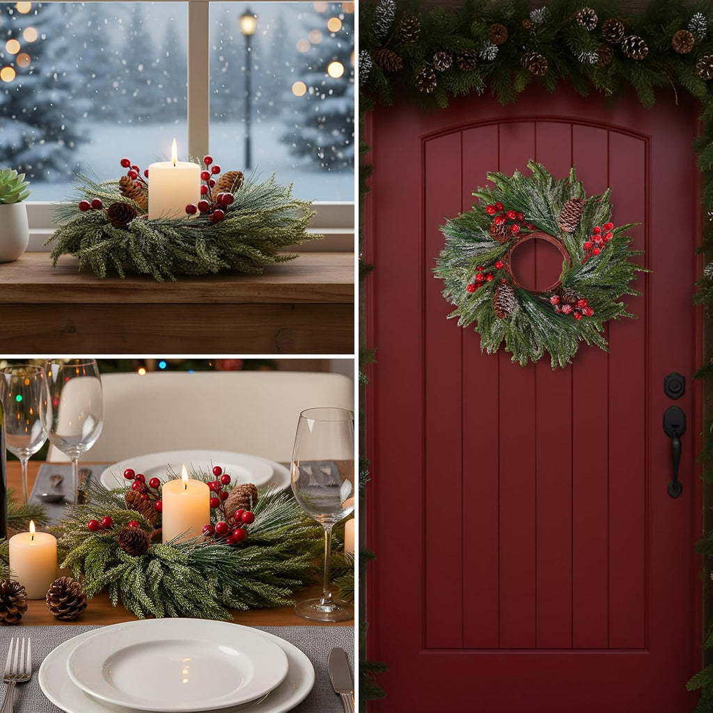 Suncalla Christmas Candle Rings - 8 Pcs Red Berry Wreaths for Kitchen & Table Decor