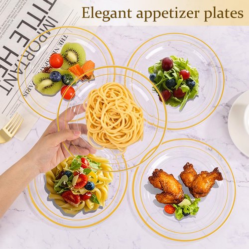 I00000 72 Pcs Clear Plastic Dessert Plates 7.5" & 72 Pcs Gold Disposable Forks 7.4", Clear Small Plates,Nice Dessert Plates,Fancy Salad Plate,Gold Cake Plate for Party, Occasions, Wedding