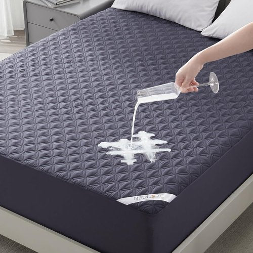 BEDLORE Waterproof Mattress Protector - Noiseless Queen Size Pad with Deep Pocket (6"-18") - Soft & Washable in Navy Blue