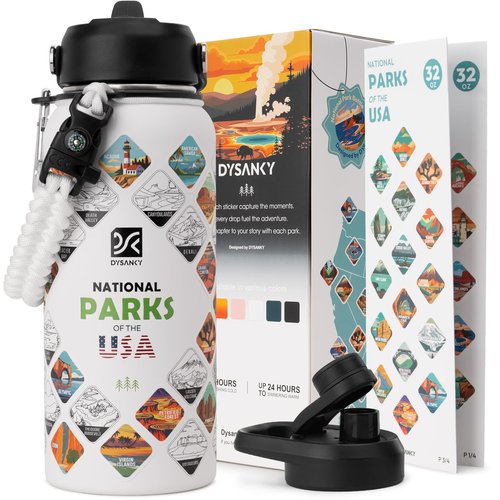 DYSANKY National Parks Water Bottle – 32 oz Insulated Stainless Steel Water Jug with 63 Hand-Drawn Park Stickers, Outdoor Accessories & Gift Box – BPA-Free – Ideal for Hiking, Camping & Travel