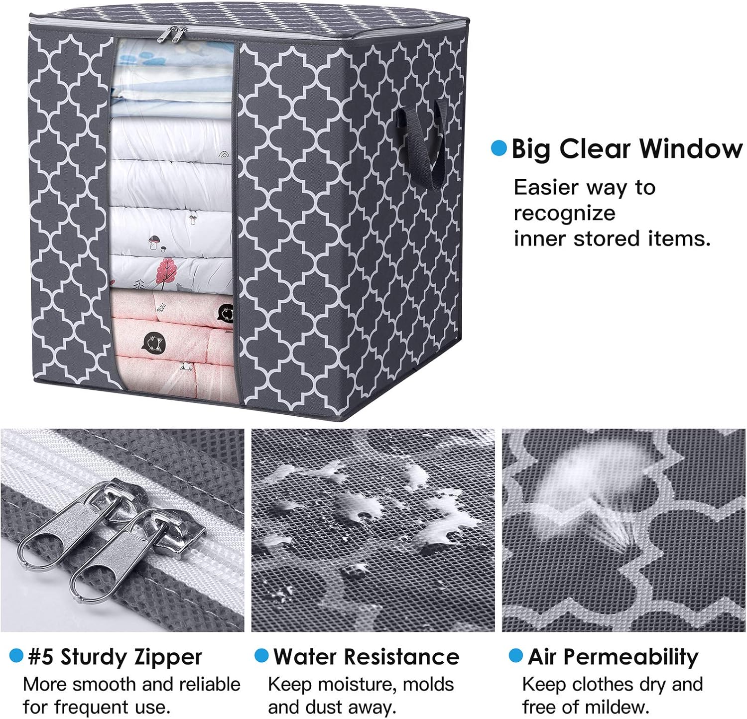 WISELIFE Storage Bags - Large 100L Blanket & Clothes Organizer | Foldable Design with Reinforced Handles, Clear Window, Gray