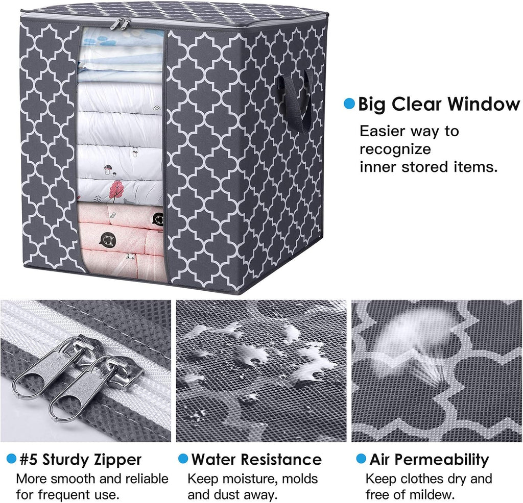 WISELIFE Storage Bags - 4 Pack 100L Large Blanket & Clothes Organizers | Foldable with Clear Window & Sturdy Zippers, Gray