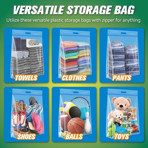 HIBAG Jumbo Storage Bags - 25 Gallon Resealable Clear Bags with Handle | Extra Large XL for Clothes & Travel - Pack of 10