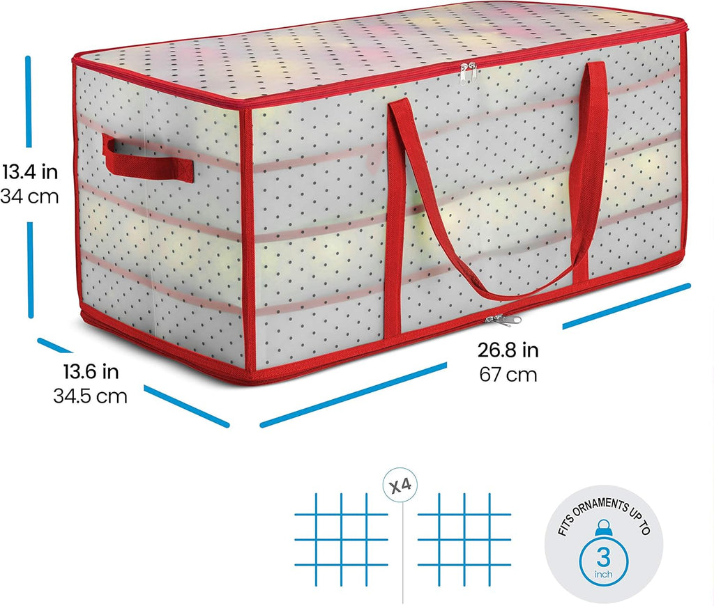 ZOBER Christmas Ornament Storage Box - Holds 128 Ornaments with Dual Zipper - Red Plastic Containers (Pack of 2)