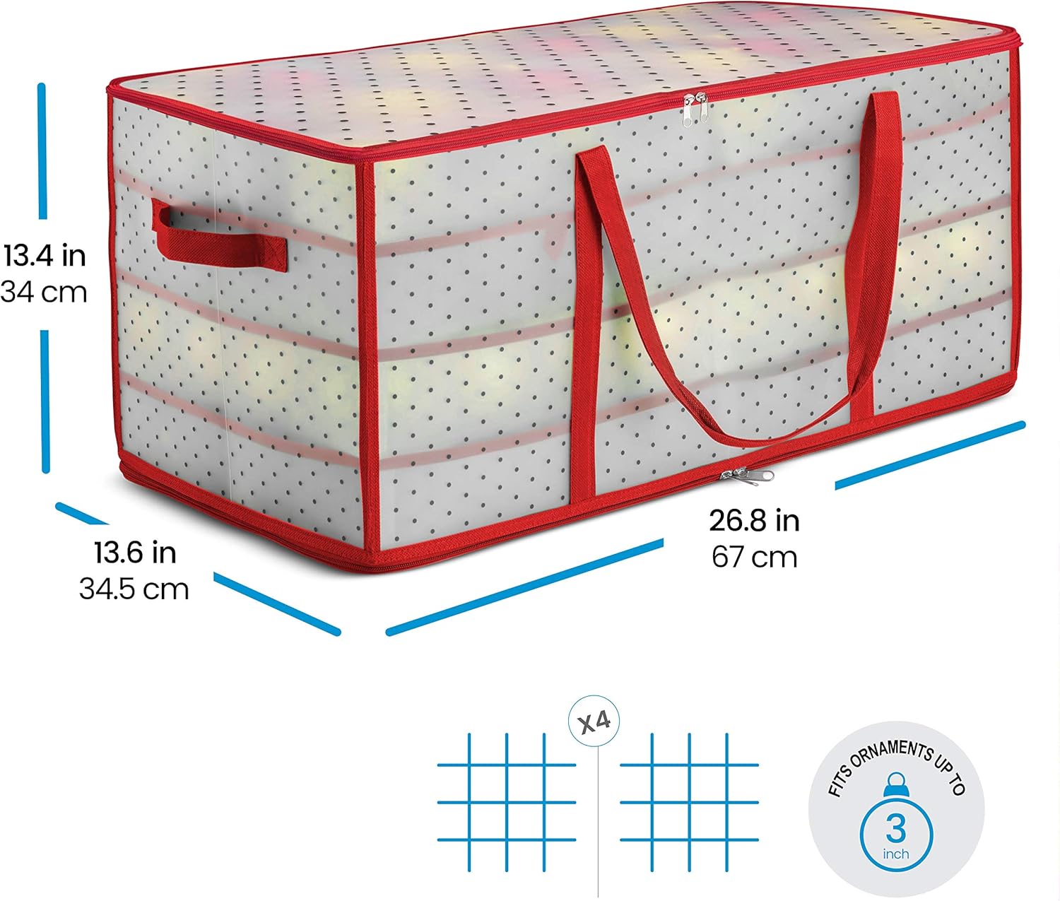 ZOBER Christmas Ornament Storage Box - Holds 128 Ornaments with Dual Zipper - Red Plastic Containers (Pack of 2)