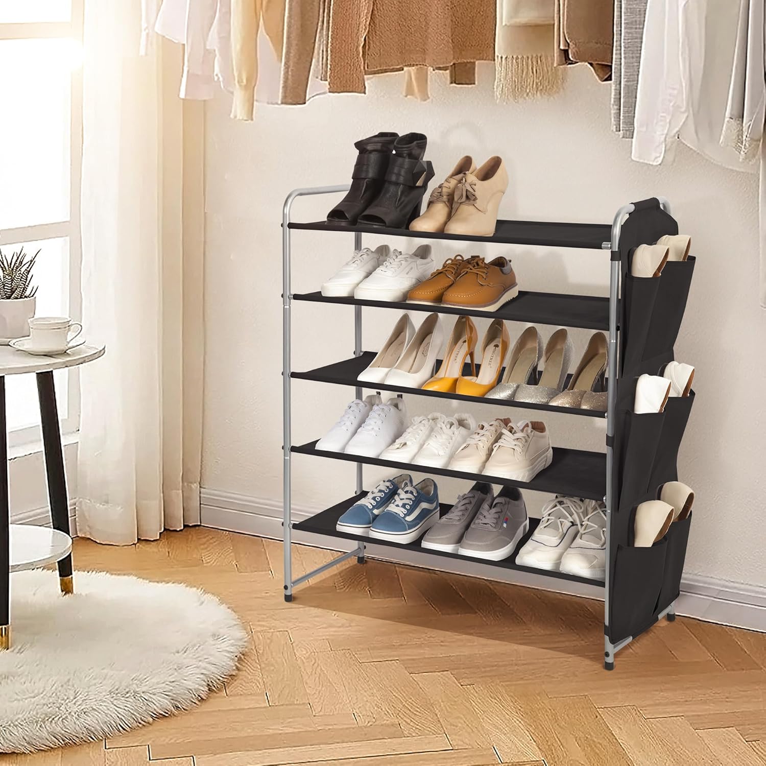 Storage Maniac 5-Tier Shoe Rack - 23-Pair Metal Organizer with 6 Side Pockets | Compact Black Storage Solution for Closet & Entryway