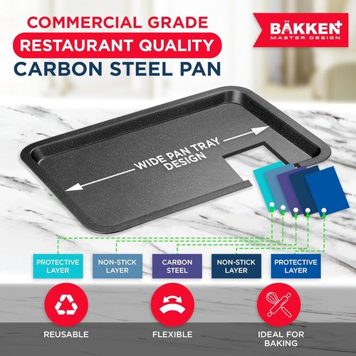 BAKKEN Nonstick Baking Pan - Commercial Grade Carbon Steel Cookie Sheet, 13.18" x 8.66", Oven Safe to 450°F, Gray Marble
