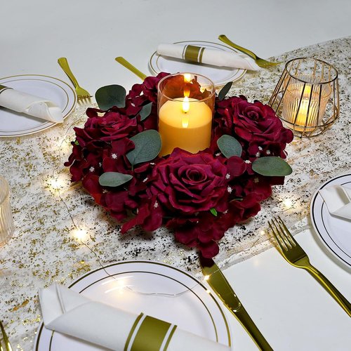 Artificial Flower Candle Rings - 6-Inch Burgundy Rose Floral Wreaths with Butterflies for Weddings & Events