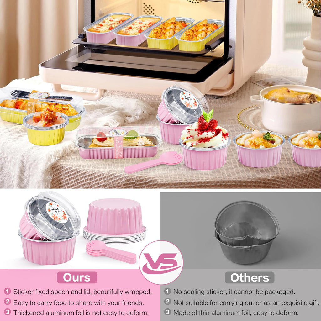 ZOXILEN 120Pcs Mini Cake Pans with Lids Aluminum Foil, 5oz Disposable Mini Loaf pans with Lids and Spoons, Small Baking Cups Pie Tins Muffin Pan Cheesecake Containers for Party Pink Round