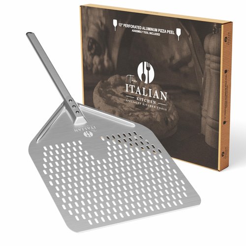 Perforated Pizza Peel 13"W x 16.7"L - Professional Restaurant Grade Large Metal Pizza Peel - 27.3" Long Handle Aluminum Turning Peel - Commercial Pizza Paddle