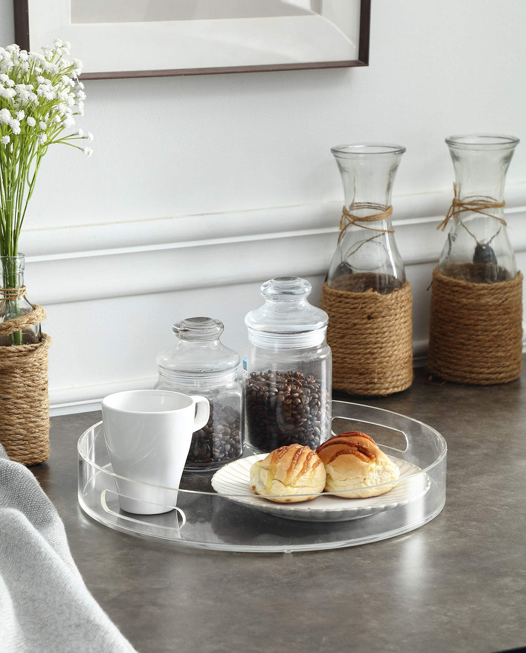 Artmaze Clear Sturdy Acrylic Round Tray with Handles,Spill Proof,for Kitchen (14 inch)