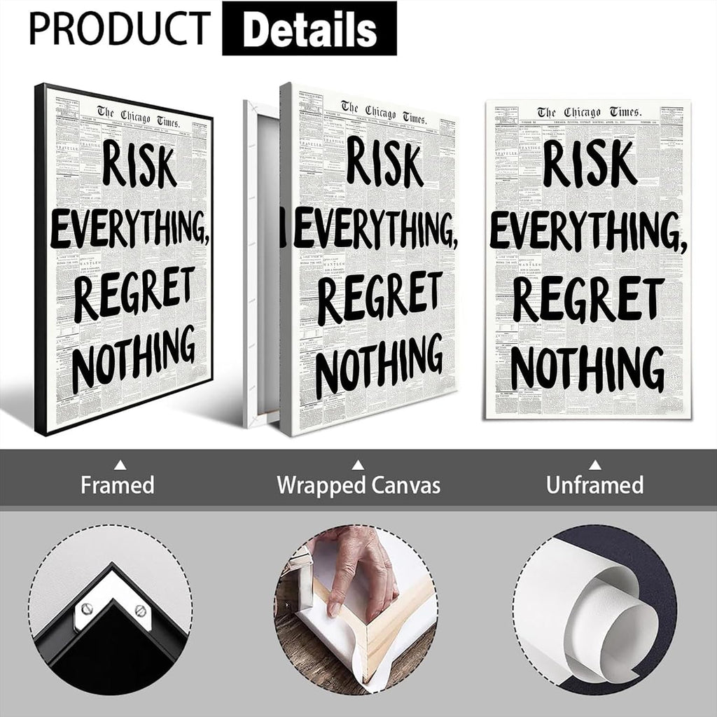 RISK Everything REGRET Nothing Canvas Wall Art - Retro Black & White Poster for Home Decor | 16x24 in Unframed