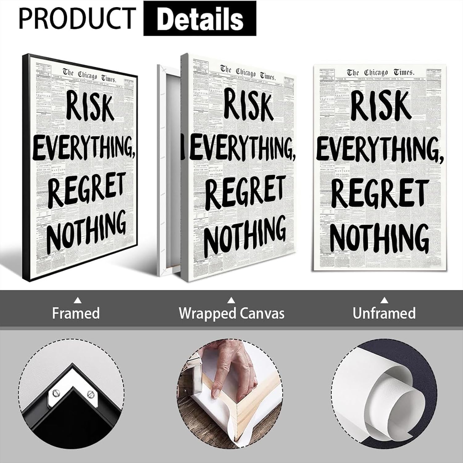 RISK Everything REGRET Nothing Canvas Wall Art - Retro Black & White Poster for Home Decor | 16x24 in Unframed