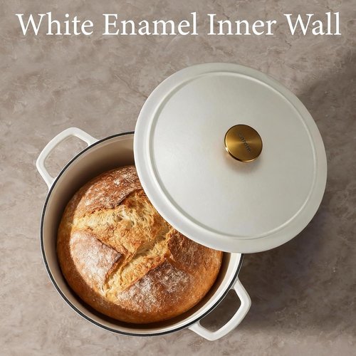 CAROTE 5QT Enameled Cast Iron Dutch Oven - Non-Toxic, Heavy-Duty Pot for Baking & Braising | Cream White