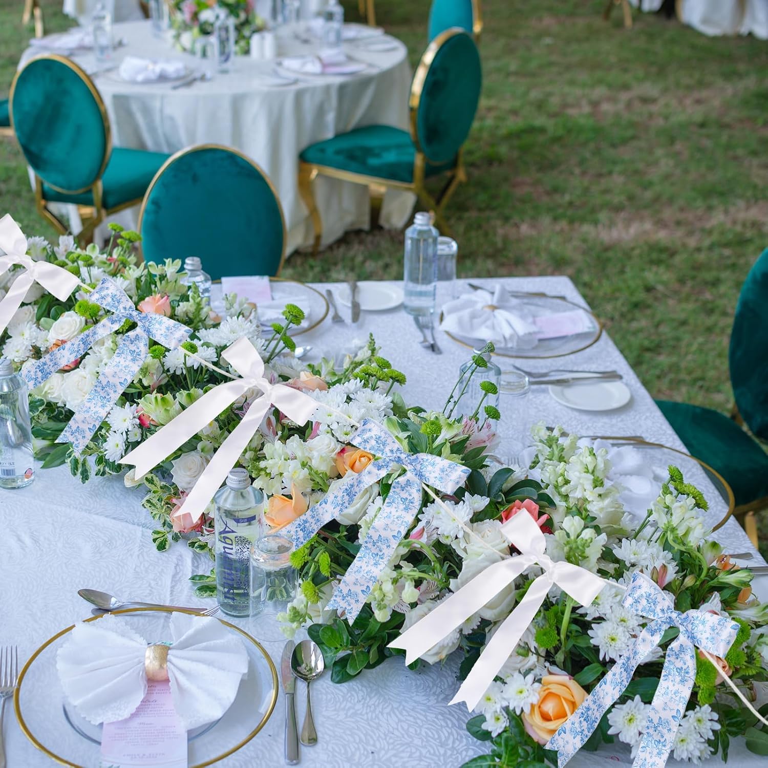 Vintage Floral Bow Garland - 6.65 Ft Blue & White Satin Ribbon Banner for Weddings & Parties