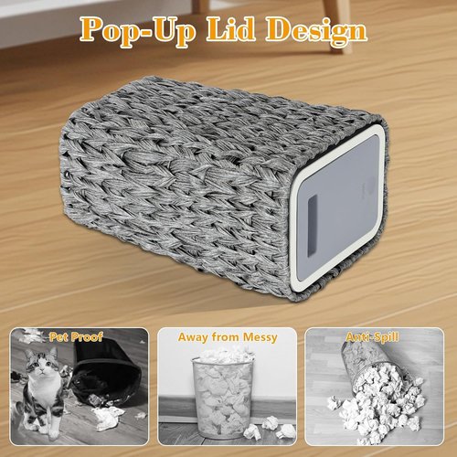 Trash Can with Lid, 2.6 Gallon Small Rattan Trash Can with Press Top Lid, Boho Slim Wicker Waste Basket and Hamper 2 in 1, Seagrass Woven Garbage Can Trash Basket for Living Room, Bedroom Gray