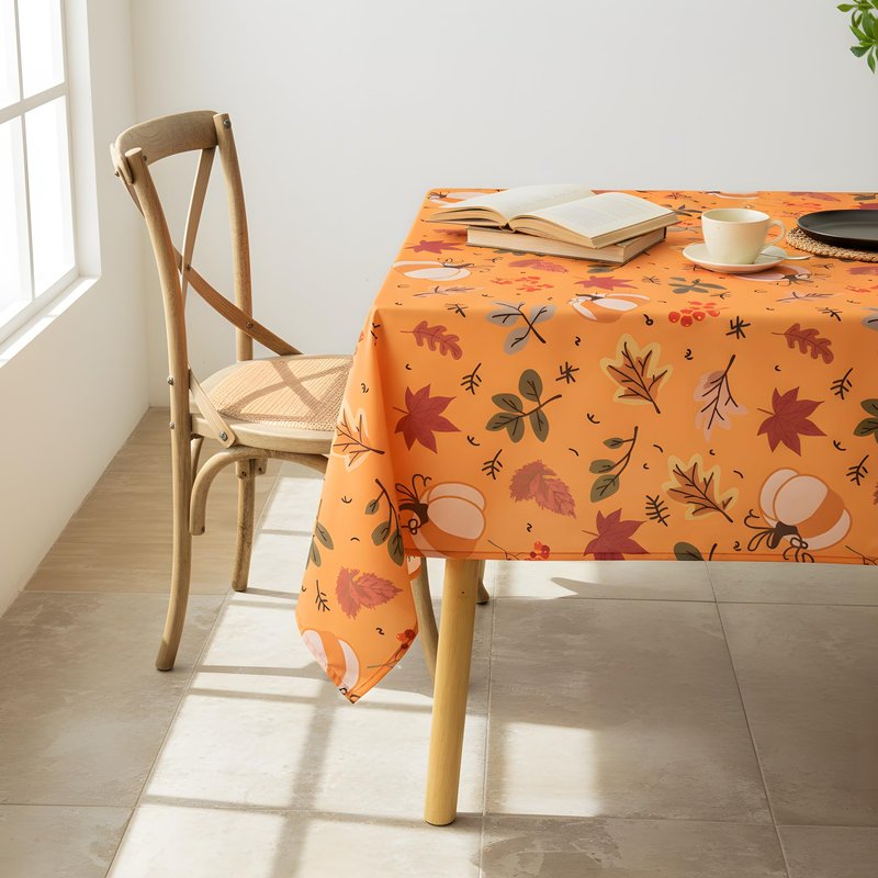 LOSIVISHE Thanksgiving Waterproof Tablecloth – Fall Harvest Pumpkins, Maple Leaves & Berries Print – Autumn Rectangle Table Cover for Dining or Party, Brown, W60 x L120 in