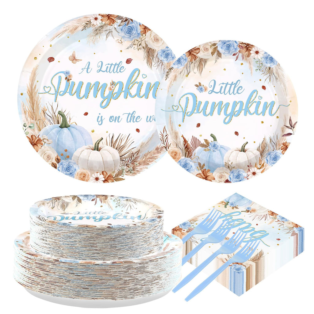 200Pcs Fall Little Pumpkin Baby Shower Decorations Blue Pumpkin Plates and Napkins A Little Pumpkin is on The Way Boho Floral Tableware Set for Boy Baby Shower Fall Thanksgiving Party Supplies Serve50
