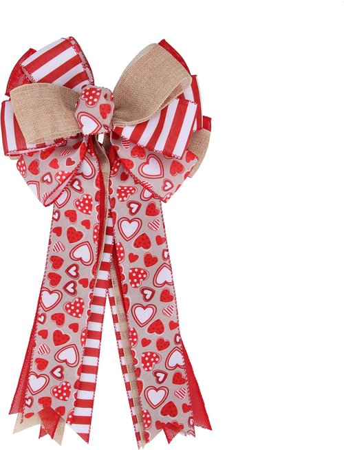 Meseey Valentine's Day Tree Topper Bow - Red Heart Print Burlap Bow for Home Decor | Indoor/Outdoor Use