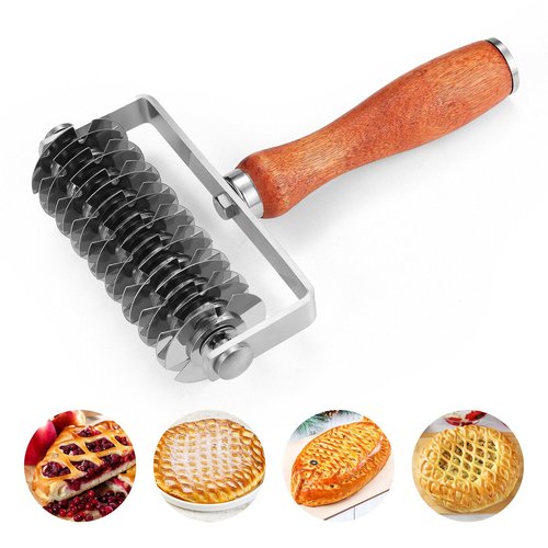 WarmHut Pastry Lattice Roller Cutter, Stainless Steel Dough Cutter Wheel with Wood Handle, Time-Saver Baking Tools for Beef Wellington Pie Crust Pizza Bread, JKUS20408