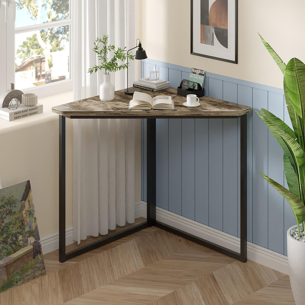 VECELO Corner Desk,Office Tables for Living Room for Small Space Triangle Computer Desk with Steel Frame Corner Shelves with Metal Frame Writing Desk for Workstation Classic Grey 33.1"