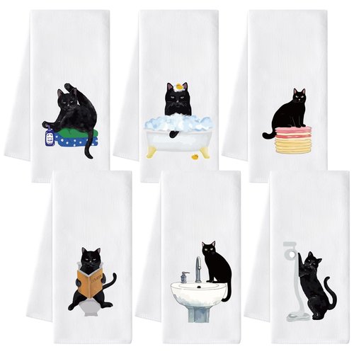 AellasNervalt Black Cat Hand Towel - 6Pcs Funny Bathroom Black Cat Decorative Kitchen Dish Cloths Set Absorbent Polyester Towels for Bath Bar Dining Room Decor, Housewarming Gift for Hostess & Home