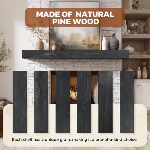 ABSWHLM 56x8x3 Fireplace Mantel - Handcrafted Hollow Rustic Solid Wood Wall Mounted Floating Shelf with Invisible Heavy Duty Wood Bracket (Weathered Black)