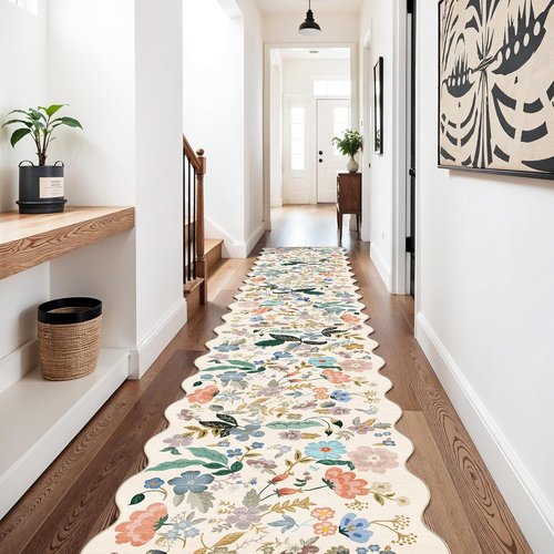 Hallway Floral Runner Rug by [Brand Name] - Washable, Non-Slip, Stain-Resistant Carpet | 2'6" x 14", Cream
