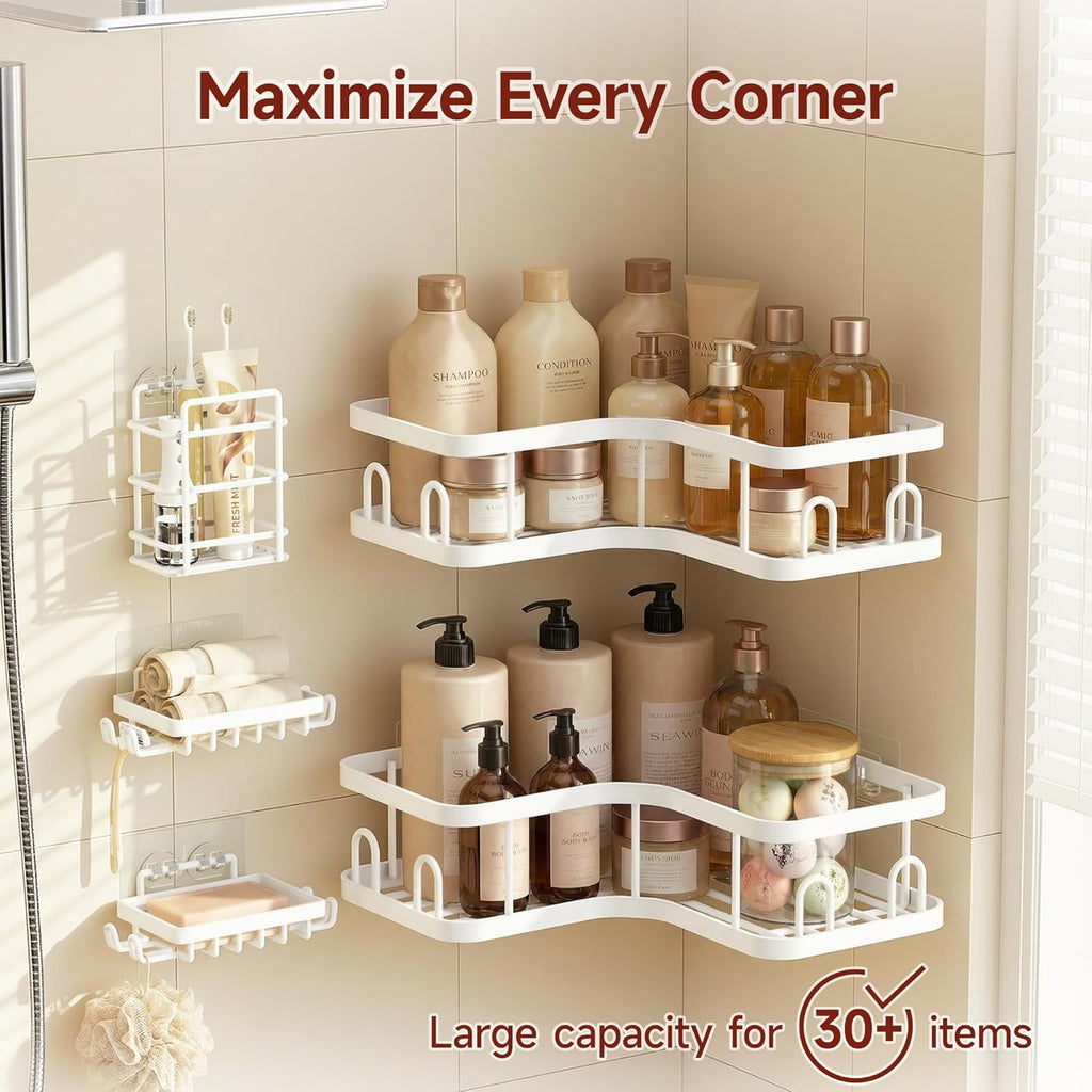 Veken Corner Shower Caddy 5-Pack - Advanced Rustproof Design | No Drilling Adhesive Shelves, Large Capacity White Bathroom Organizer