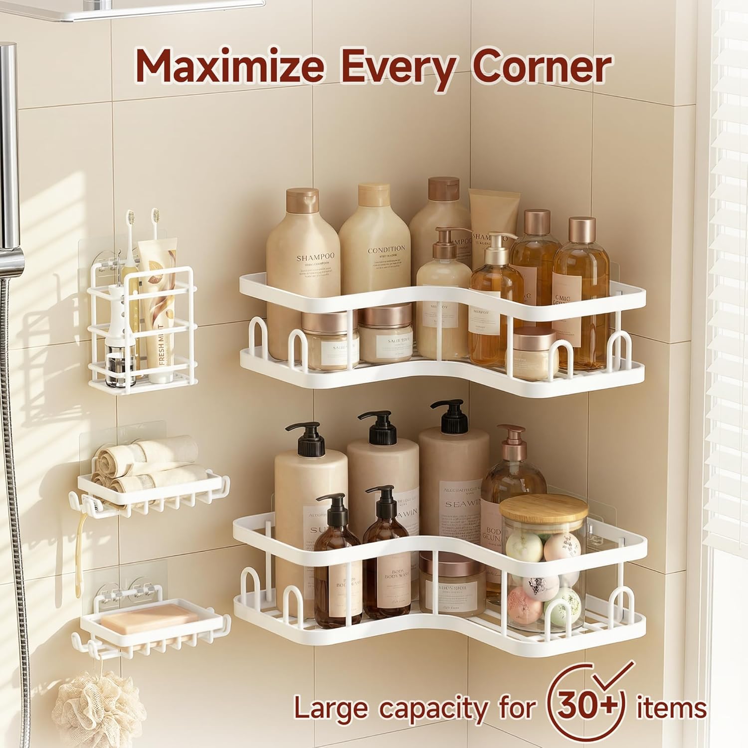 Veken Corner Shower Caddy 5-Pack - Advanced Rustproof Design | No Drilling Adhesive Shelves, Large Capacity White Bathroom Organizer