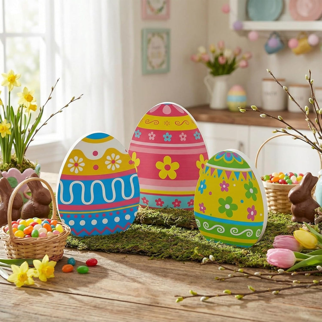 Threan Easter Egg Tabletop Decorations - 3 Pcs Wooden Signs for Spring Home & Dining Room Decor