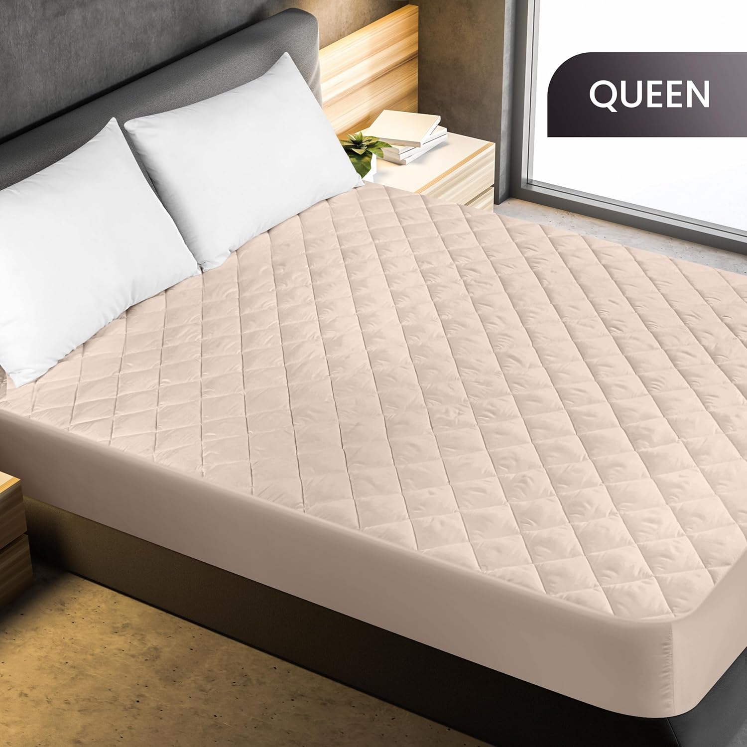 Utopia Bedding Quilted Fitted Mattress Pad - Queen Size Deep Pocket Protector | Machine Washable Beige