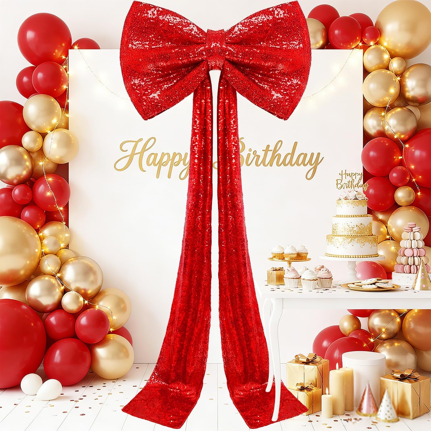 Skiennix Sequin Giant Bow - Oversized Red Decoration with Long Ribbon | 75 x 23 Inch for Weddings & Parties