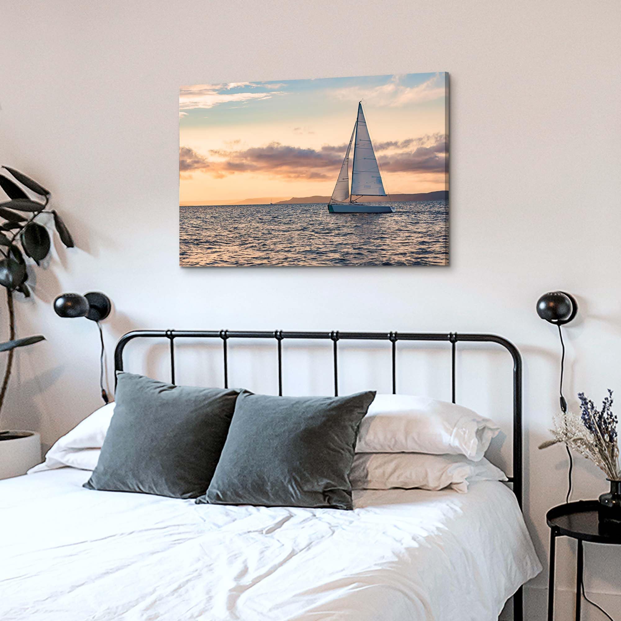 TAR TAR STUDIO Nautical Sailboat Canvas Wall Art - Serene Ocean Sunset Artwork Modern Coastal Picture Sailing Ship Beach Print for Bedroom Spa 36x24in
