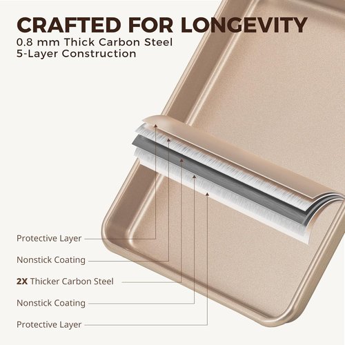 HONGBAKE Non-Stick Toaster Oven Pans - 11 x 9 Inch Heavy-Duty Baking Sheet Set | Easy to Clean, Gold Finish