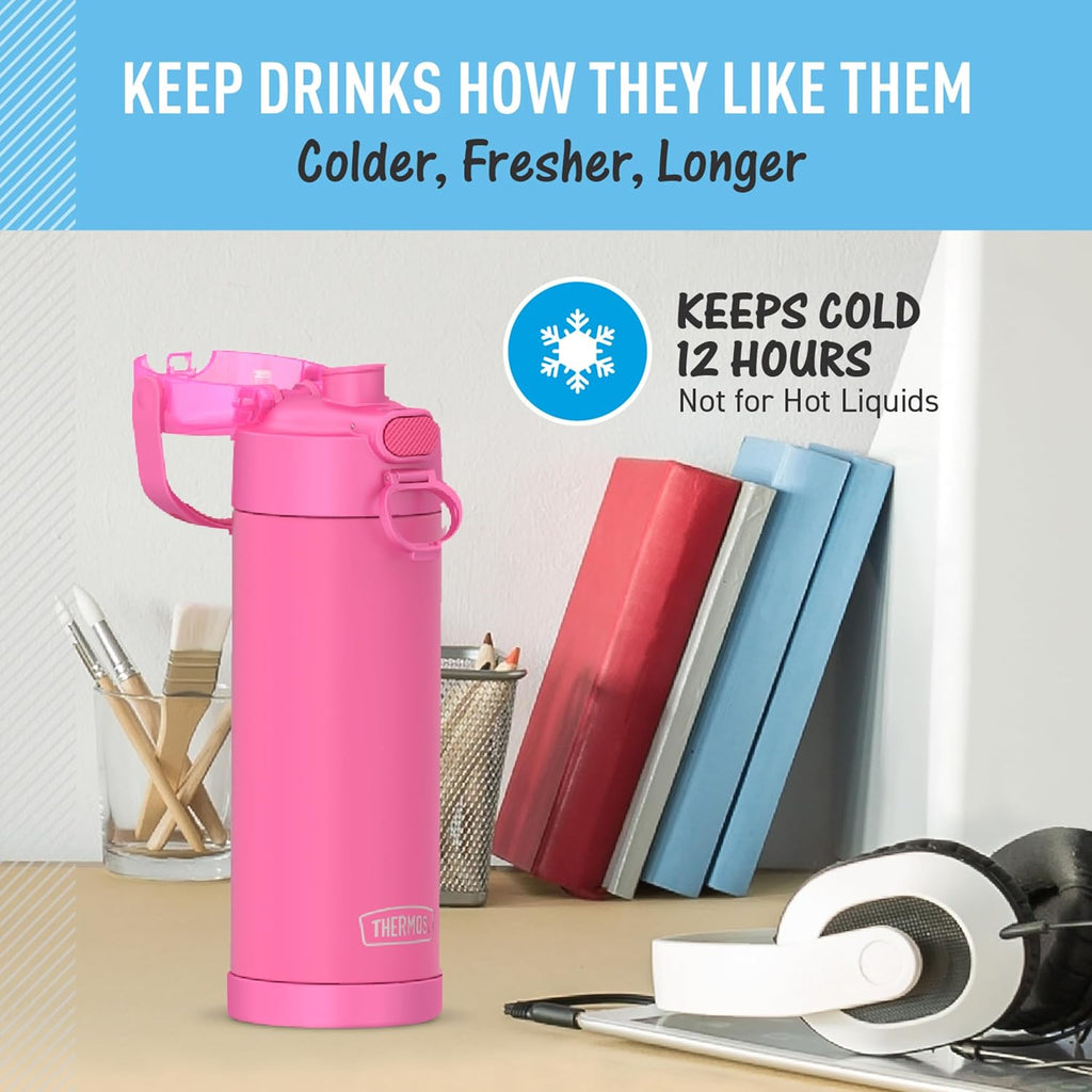 THERMOS FUNTAINER 16 Ounce Stainless Steel Vacuum Insulated Bottle - Wide Spout Lid, Neon Pink