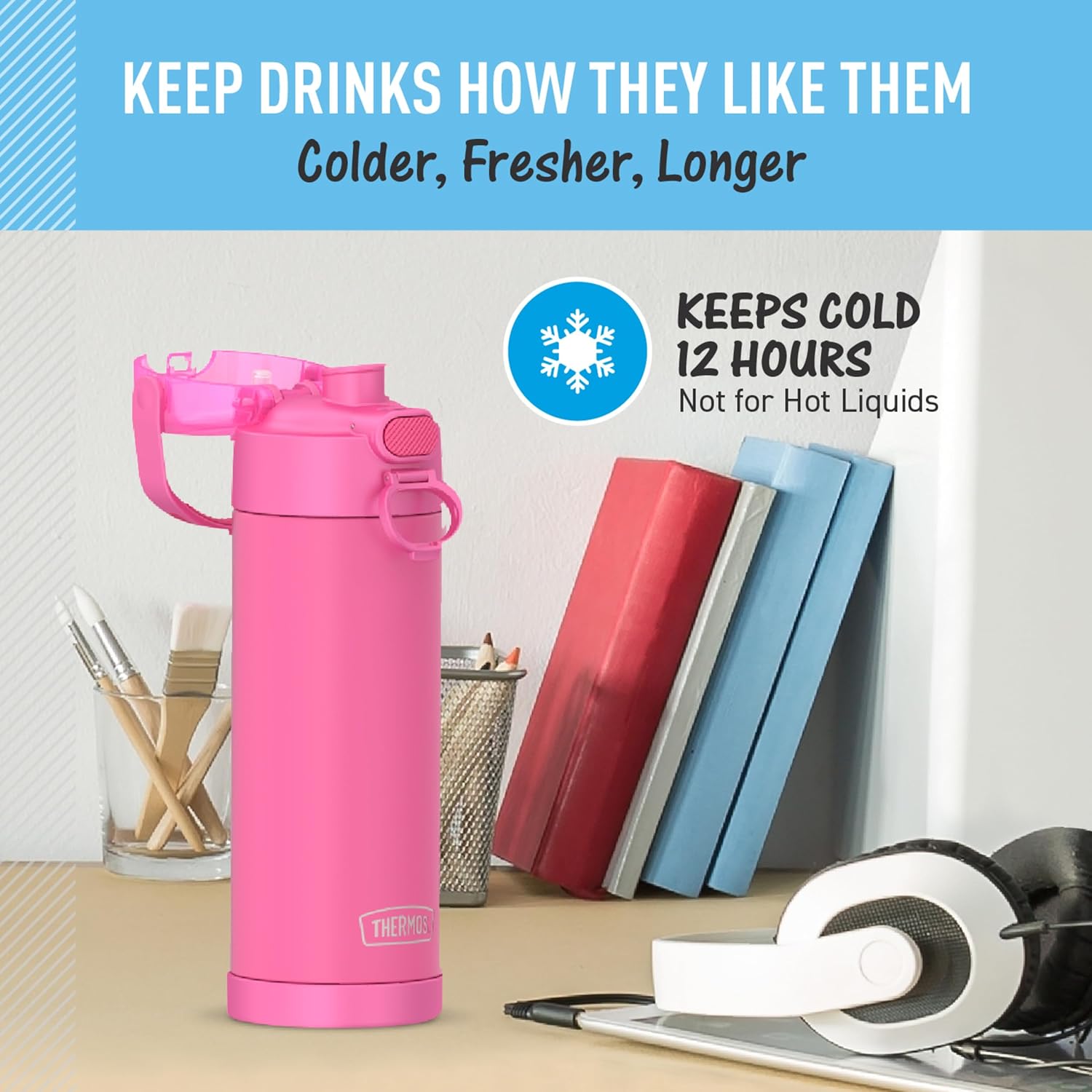 THERMOS FUNTAINER 16 Ounce Stainless Steel Vacuum Insulated Bottle - Wide Spout Lid, Neon Pink