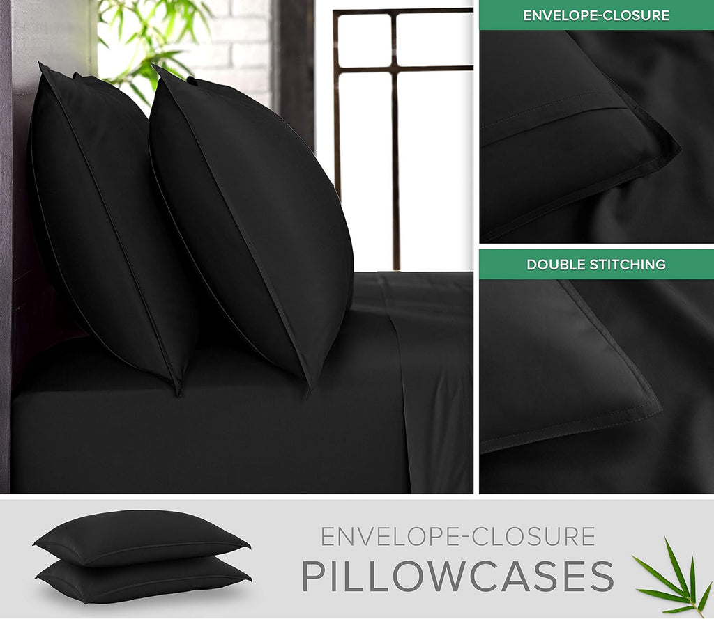 Pure Bamboo Full Bed Sheet Set - 100% Organic Viscose, Luxuriously Soft & Cooling | Black, Double Stitching